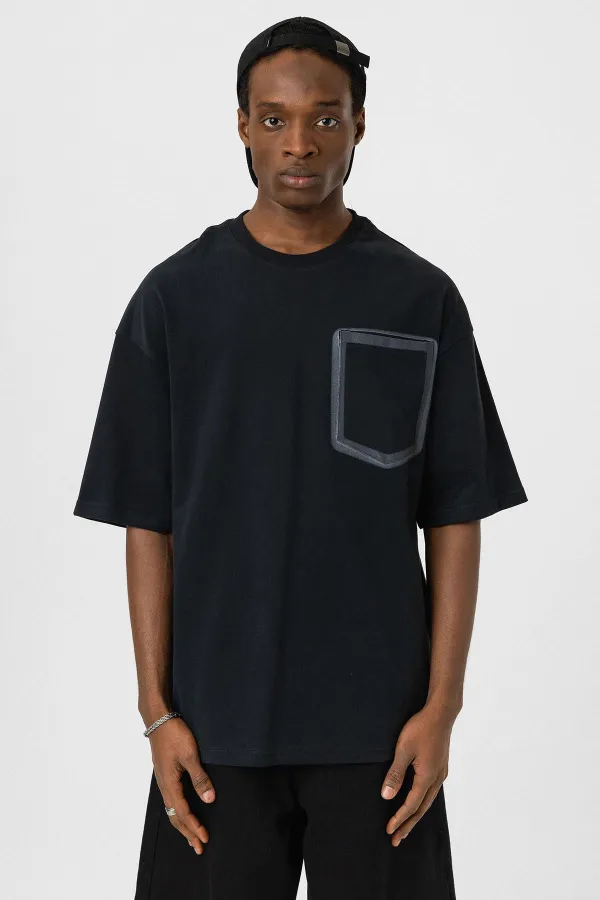 Bisiklet Yaka Cepli Oversize Tişört Siyah