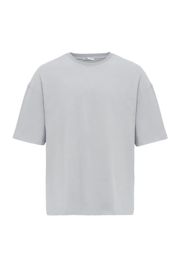 Basic Oversize Bisiklet Yaka Tişört Gri