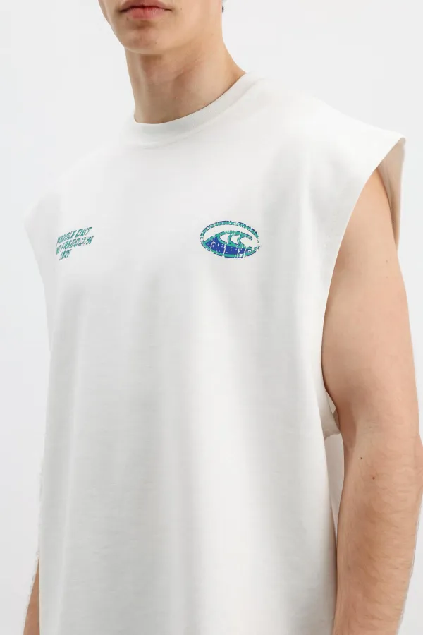 Oversize Baskılı Kolsuz Tişört Beyaz