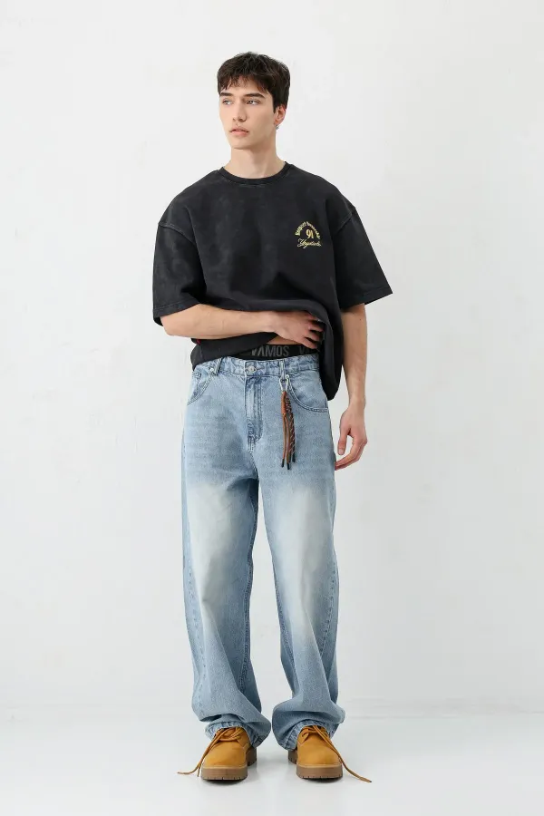 Kısa Kollu Boxy Fit Baskılı Tişört Siyah