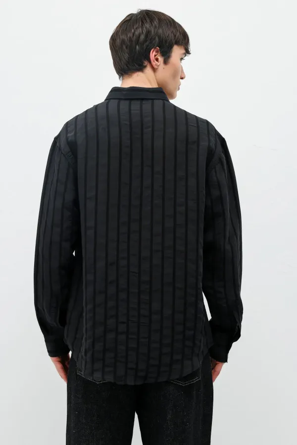 Çizgili Oversize Gömlek Siyah