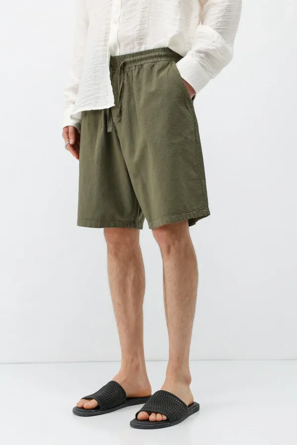 Oversize Keten Şort Haki