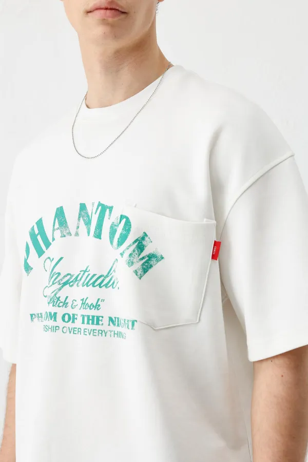 Kısa Kollu Boxy Fit Baskılı Tişört Ekru