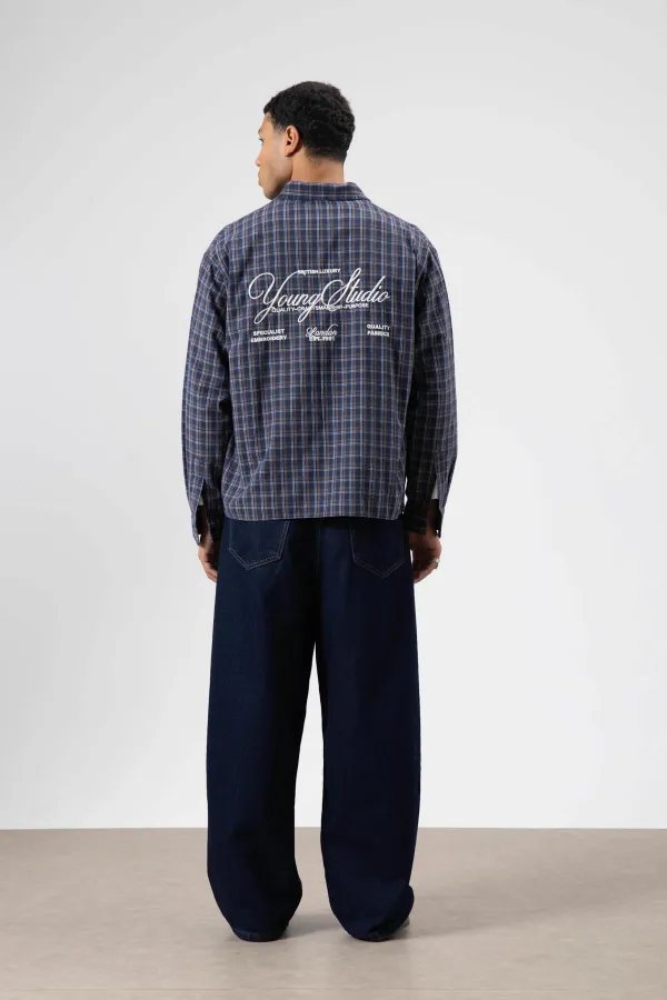 Oversize Kareli Arka Baskılı Uzun Kol Gömlek Lacivert-Kahve