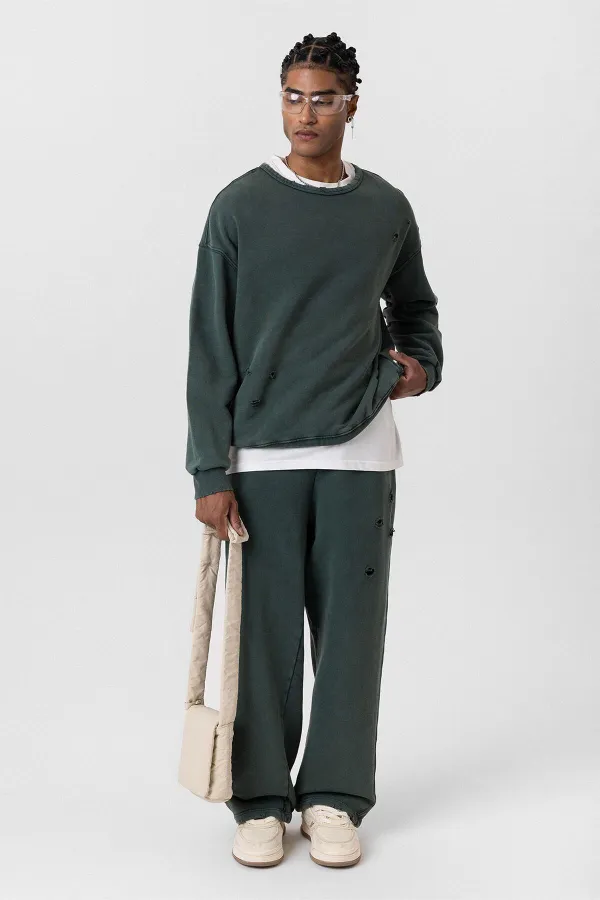 Premıum Yıkamalı Yırtık Detaylı Oversize Eşofman Takım Yeşil