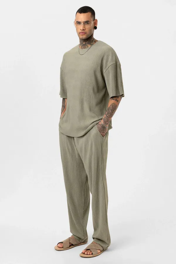 Basic Oversize Bisiklet Yaka Ottoman Takım Haki