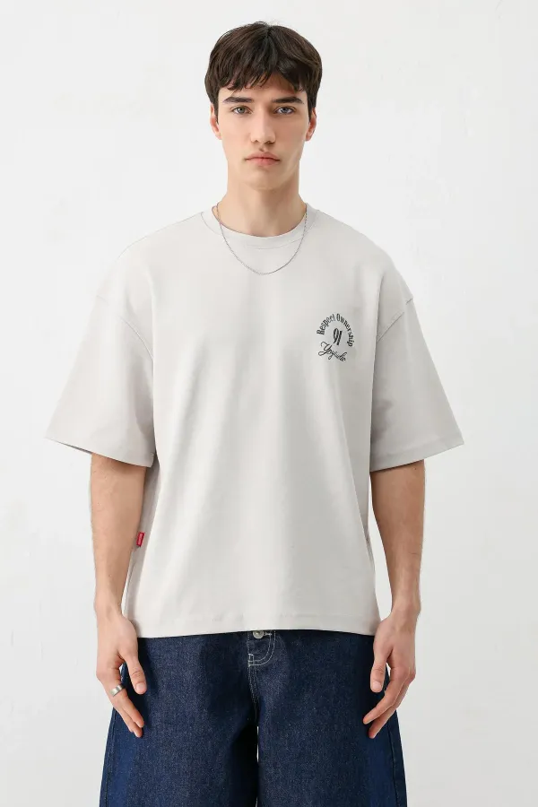 Kısa Kollu Boxy Fit Baskılı Tişört Ice Grı