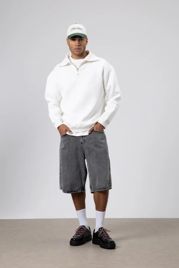 Sweat-shirt basique à fermeture éclair et col montant, écru