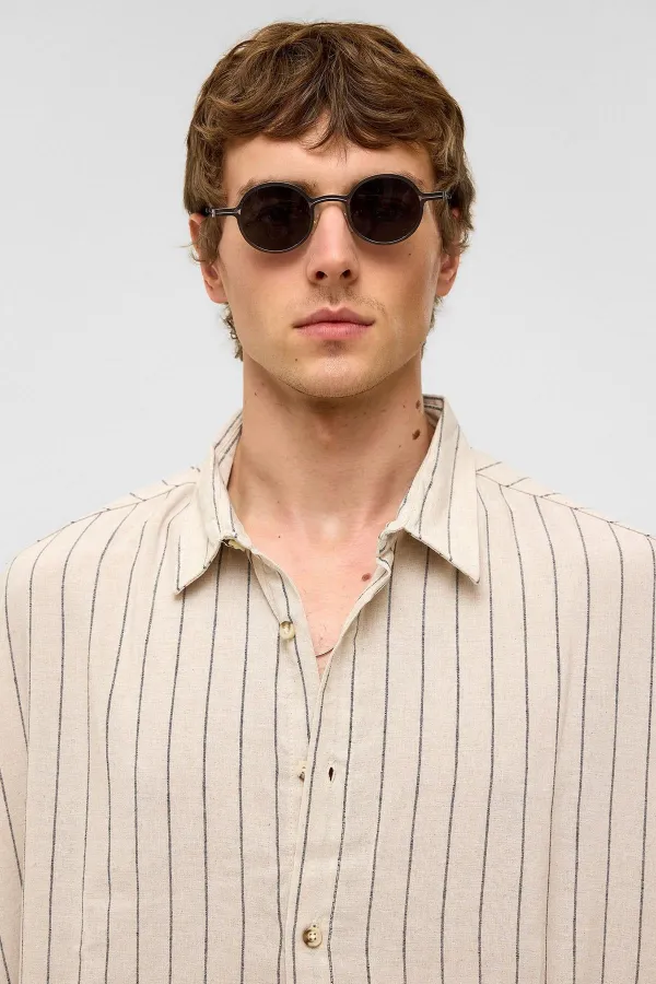 Oversize Çizgili Kısa Kollu Keten Gömlek Siyah