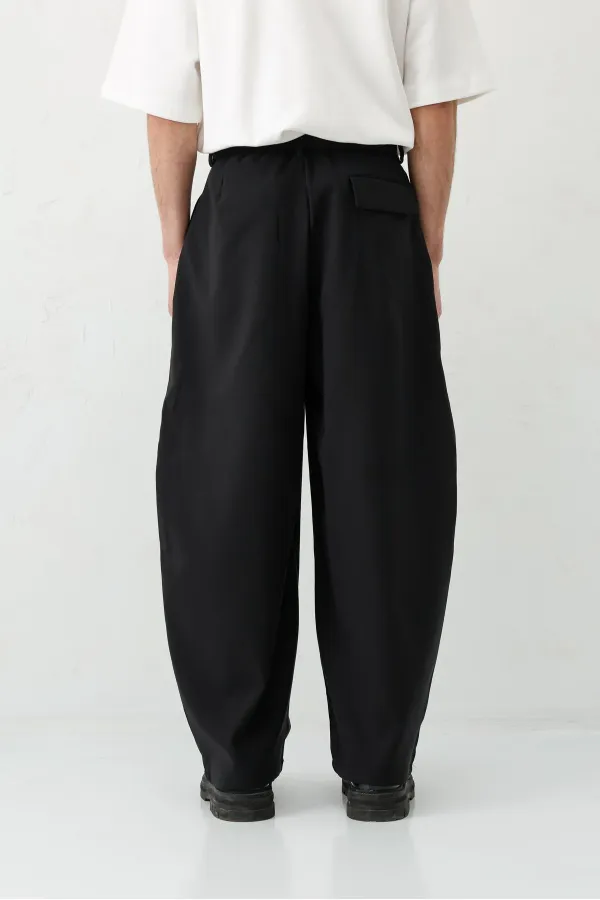 Barrel Fit Tailored Fit Kemerli Pantolon Siyah