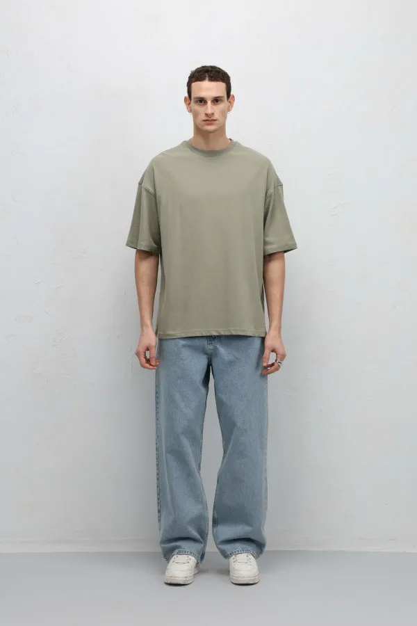 T-shirt basique oversize à col rond kaki