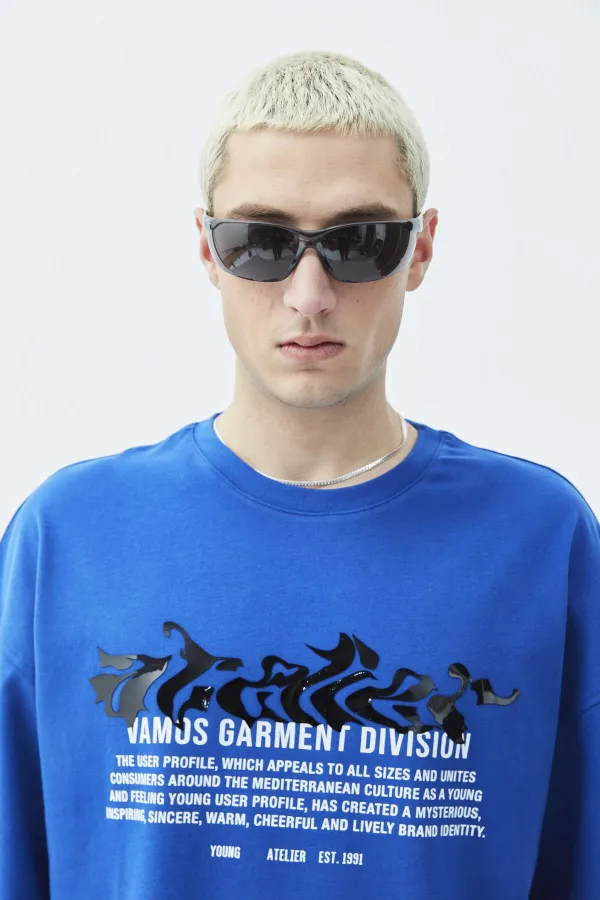 Atelier Kabartma Baskılı Oversize Tişört Saks