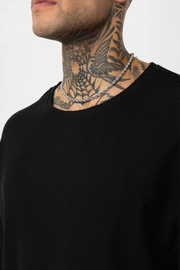 Arka Yazı Baskılı Oversize Triko Tişört Siyah