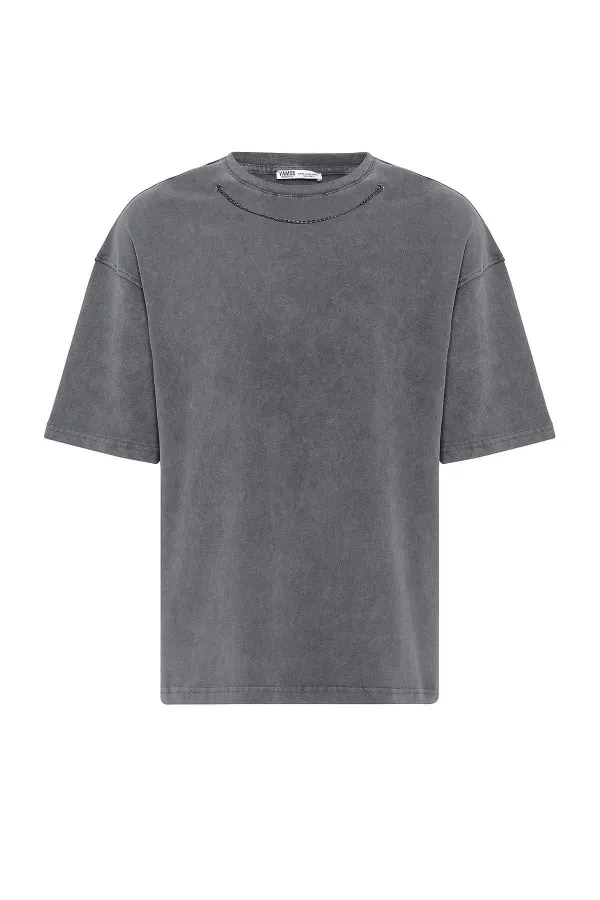 Yıkamalı Zincir Detaylı Oversize Tişört Füme