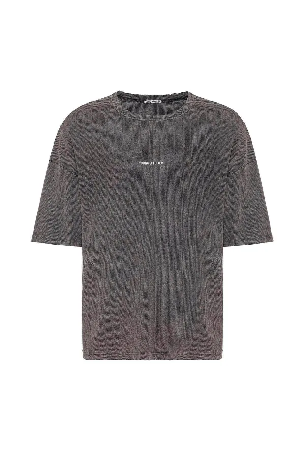 Yıkamalı Arka Baskılı Oversize Tişört Kahve