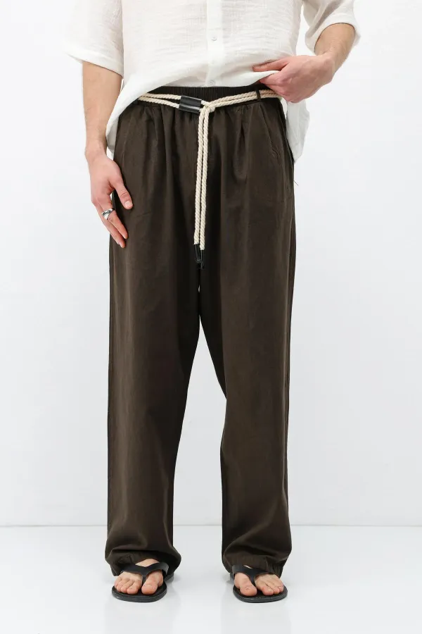 Kemer Detaylı Oversize Keten Pantolon Kahve