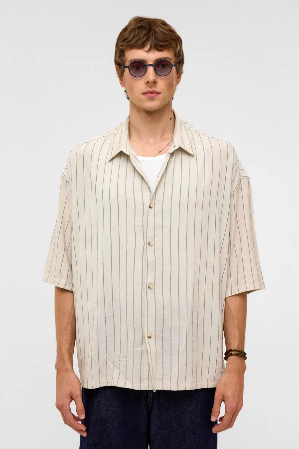 Oversize Çizgili Kısa Kollu Keten Gömlek İndigo