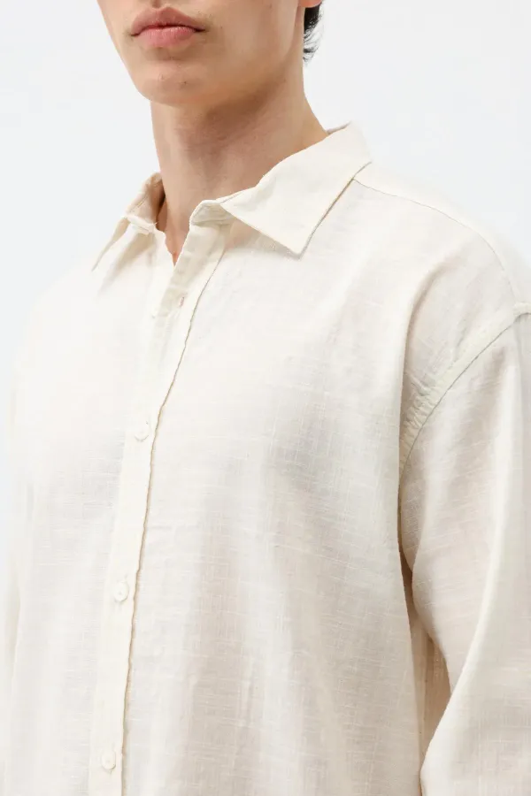 Dokulu Keten Görünümlü Oversize Gömlek Naturel
