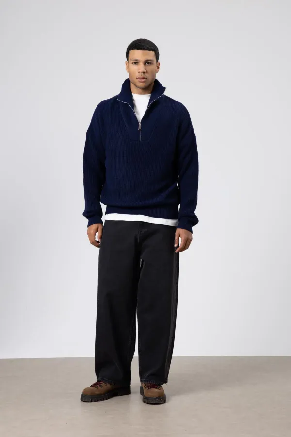 Yarım Fermuarlı Triko Kazak Lacivert