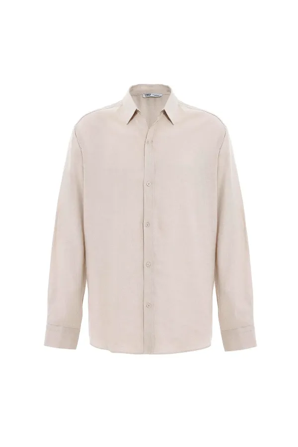 Basic Oversize Uzun Kollu Keten Gömlek Bej
