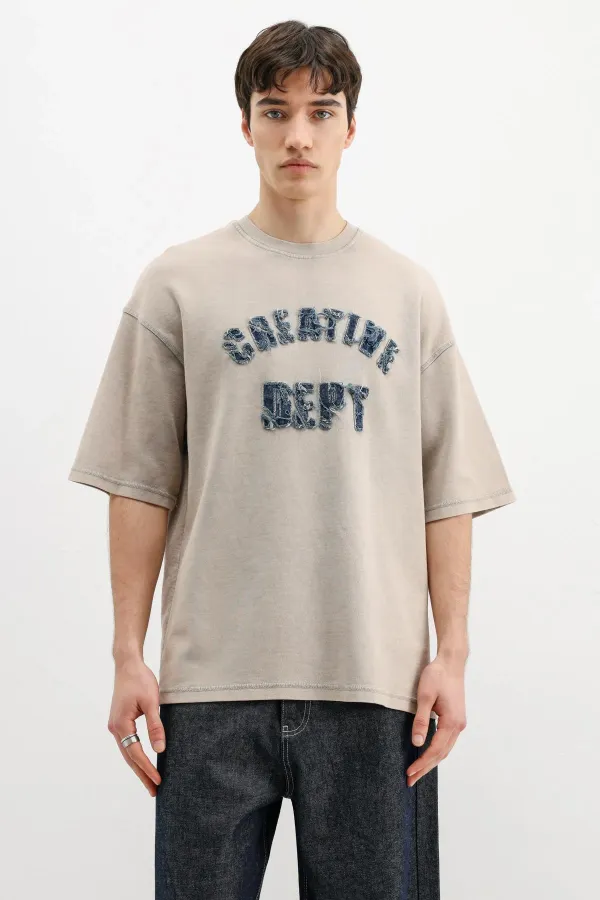 Yıkamalı Yazı Baskılı Oversize Tişört Bej