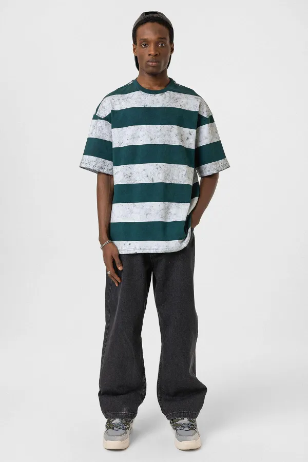 T-shirt oversize rayé délavé menthe - blanc