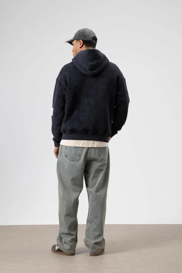 Kart Detaylı Yıkamalı Oversize Sweatshirt Siyah