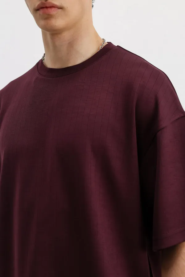 Fitilli Dokulu Oversize Tişört Mürdüm