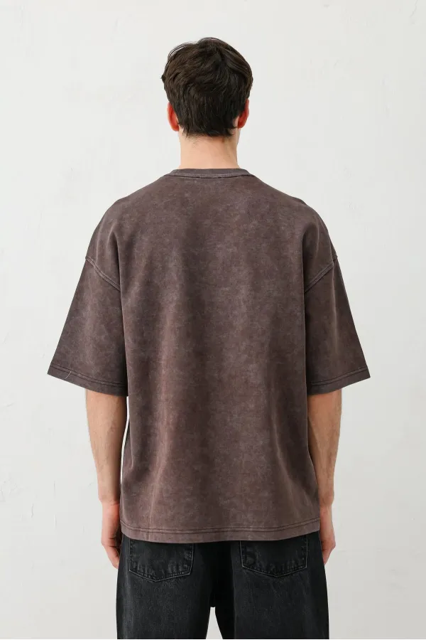 Yıkamalı Baskılı Oversize Tişört Kahve