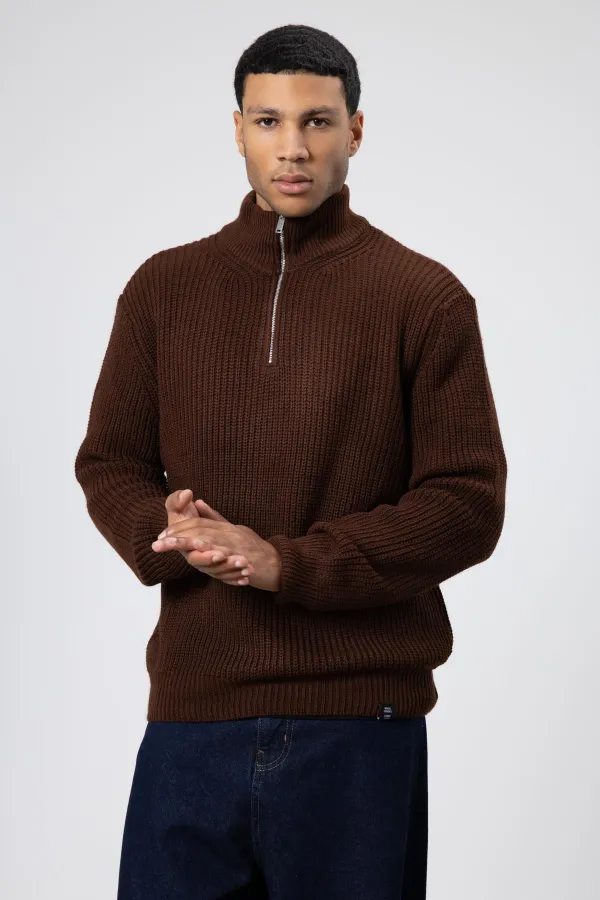 Fermuarlı Örme Triko Kazak Kahve