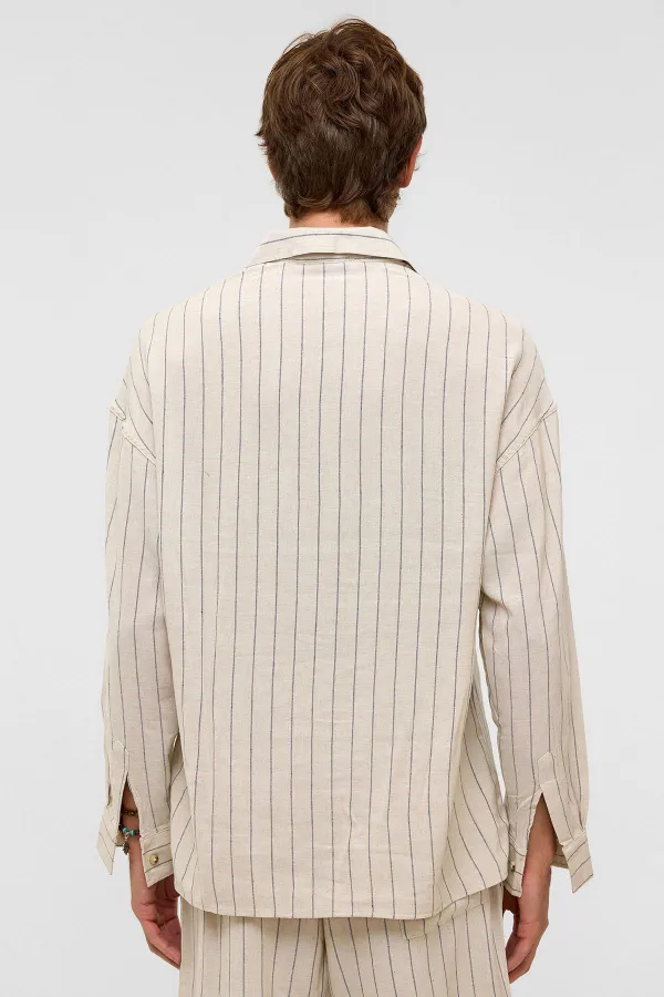 Oversize Long-Sleeved Striped Linen Shirt Indigo