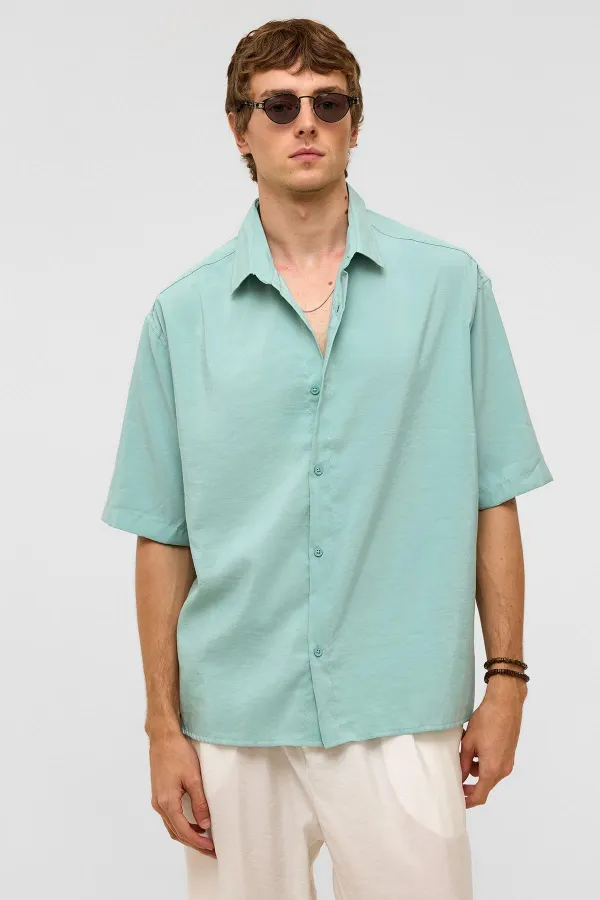 Basic Oversize Short-Sleeved Modal Shirt Turquoise