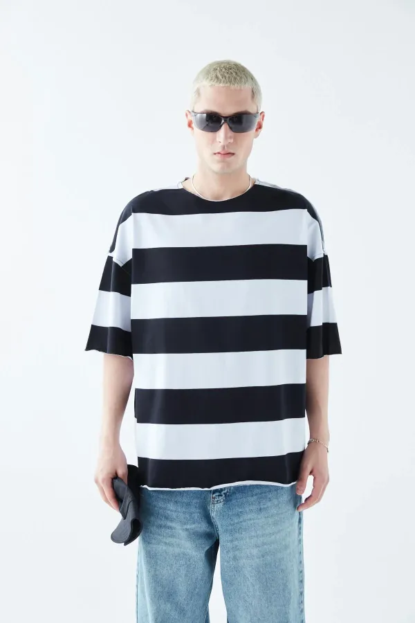Digitally Printed Striped 100% Cotton Oversize T-Shirt Black