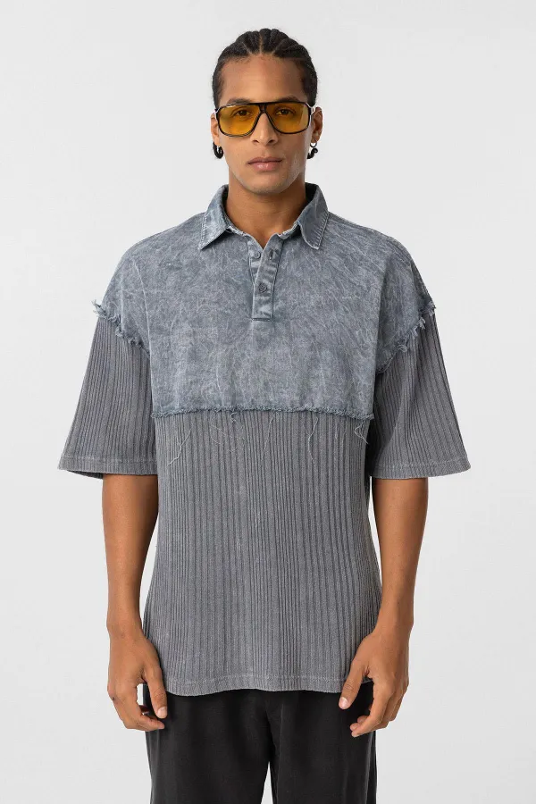 Yıkamalı Oversize Polo Yaka Tişört Gri