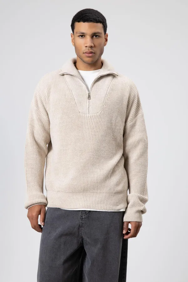 Yarım Fermuarlı Triko Kazak Taş