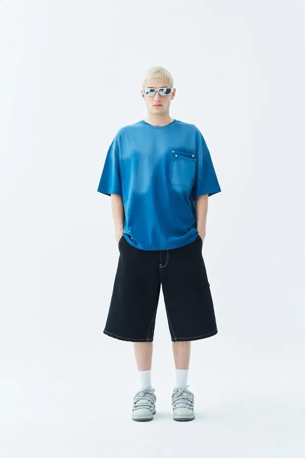 Yıkamalı Cep Detaylı Oversize Tişört İndigo