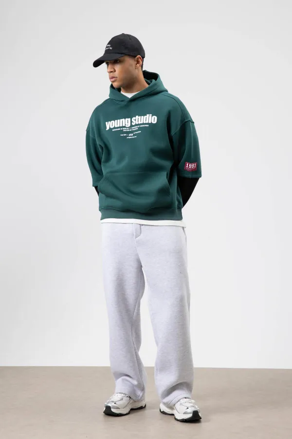 Sweat à capuche imprimé oversize, bleu marine