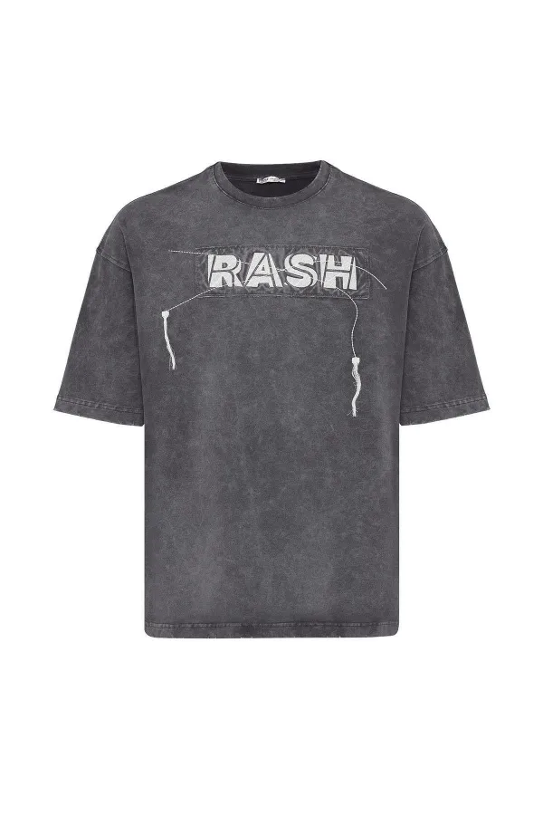 Yıkamalı Oversize Baskılı Tişört Füme