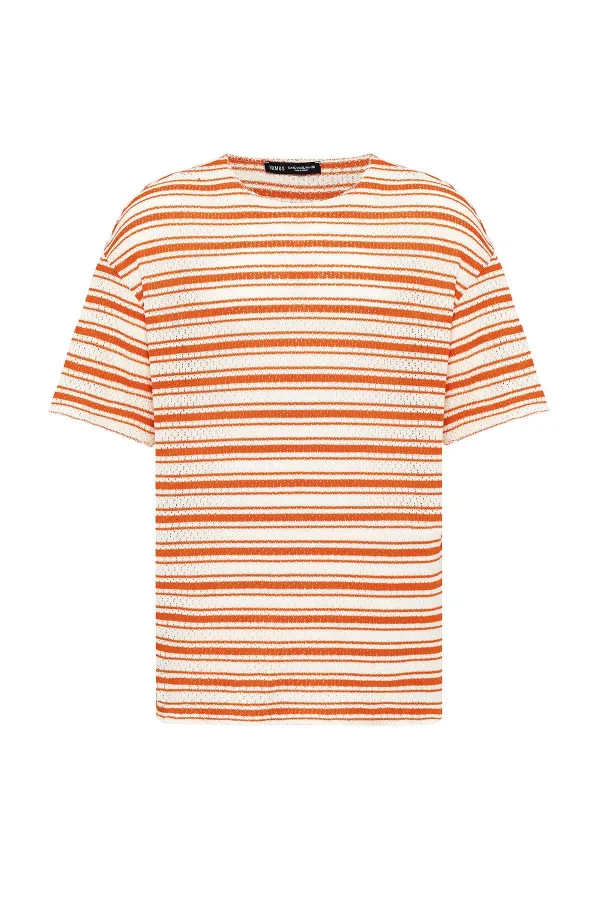 T-shirt rayé oversize en maille orange