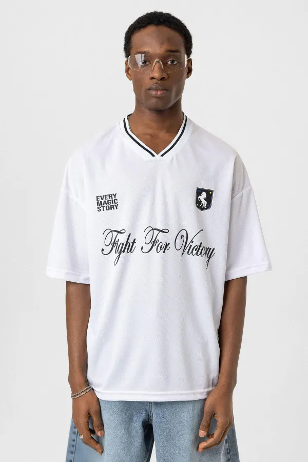 Baskılı Oversize Forma Tişört Beyaz