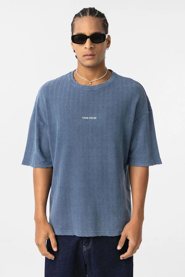 Yıkamalı Arka Baskılı Oversize Tişört İndigo