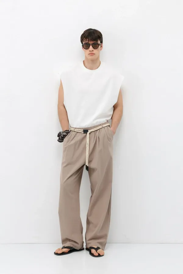 Oversize Linen Trousers with Belt Detail (Stone)