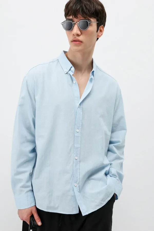 Basic Oversize Pamuk  Keten Gömlek Mavi