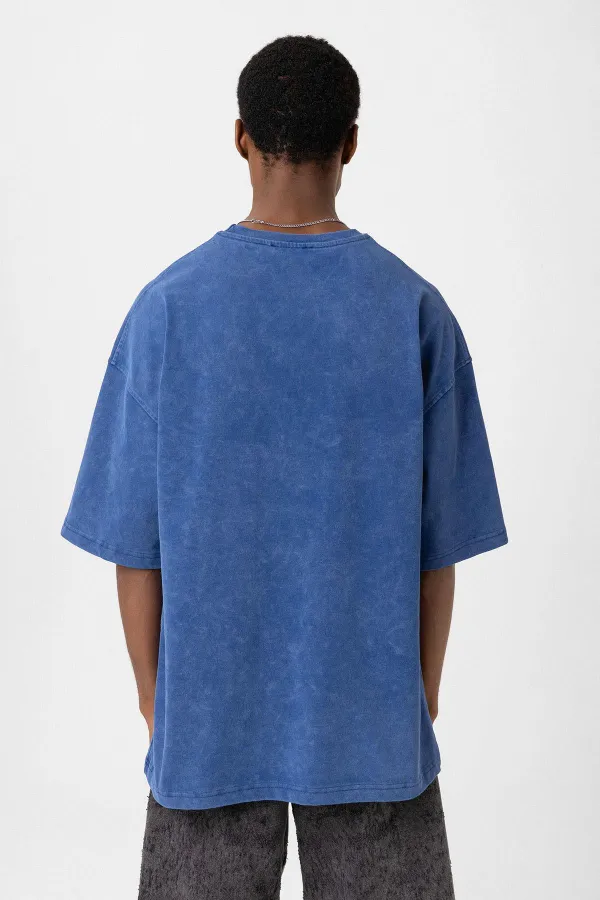 Yıkamalı Düğme Detaylı Oversize Tişört İndigo