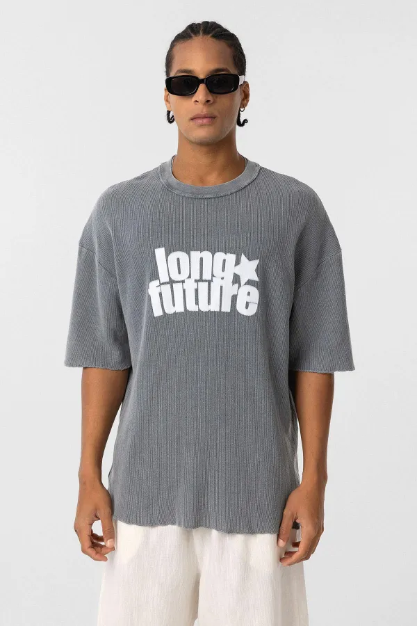 Yıkamalı Oversize Triko Tişört Gri