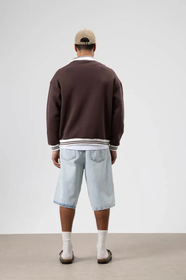 Oversize Yaka Nakış Detaylı Sweatshirt Kahve