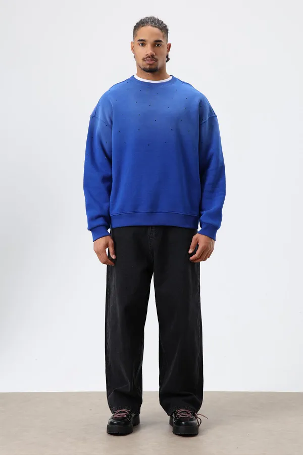 Sweat-shirt oversize bleu marine à détails en pierre délavée