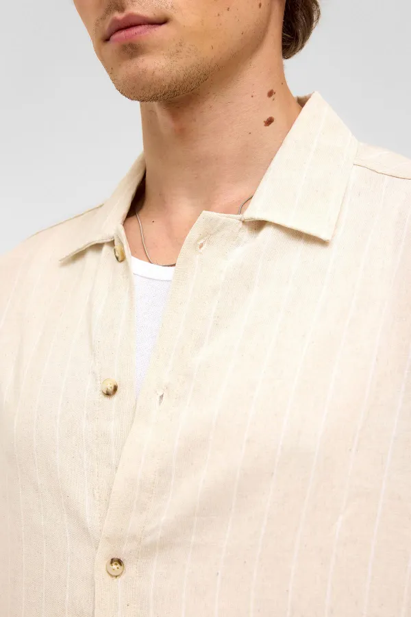 Oversize Long-Sleeved Striped Linen Shirt White