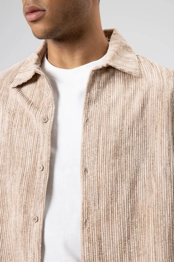 Oversize Dokulu Gömlek Bej