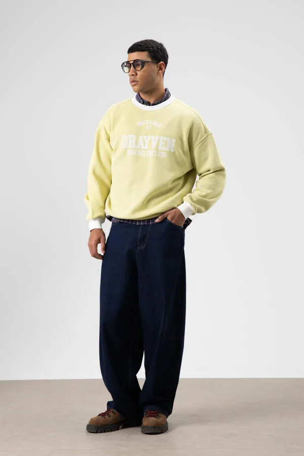 Oversize Bisiklet Yaka Baskılı Sweatshirt Sarı